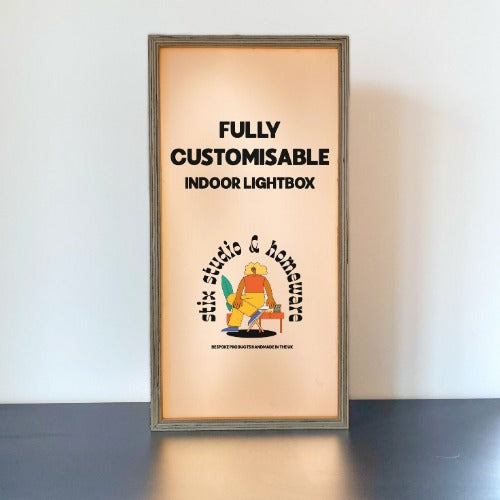 Custom lightbox made from 18mm birch plywood, low voltage LED lights with graphics printed onto a acrylic slide.