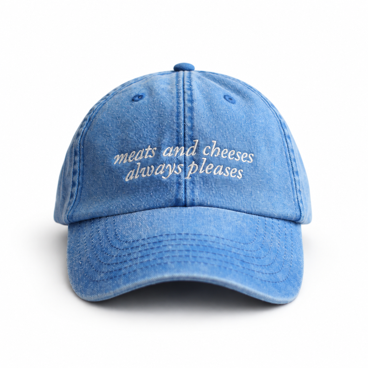 Blue cap embroidered with meats and cheeses always pleases